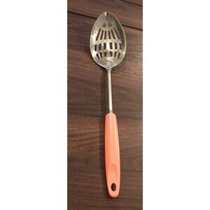 Vintage Ekco Chromium Plate Chrome Metal Kitchen Utensil Pink Slotted Spoon USA